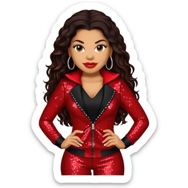 Jordin Sparks with long dark brown hair, red sequin outfit sticker