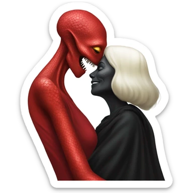 White man in black dress hugs and kissing Alien reptilian woman in red dress  sticker