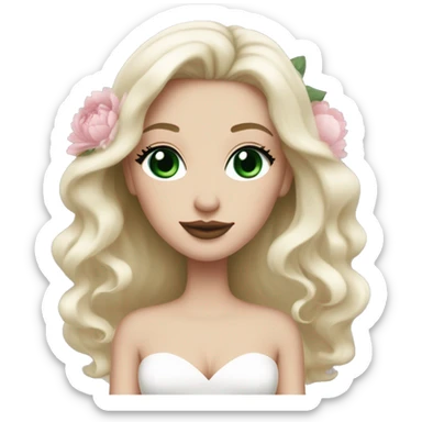 White bride with long light blonde hair and dark green eyes with light pink peonies in hair white skin and pink lipstick sticker
