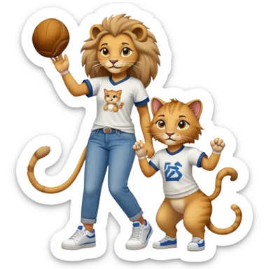 friendly anthropomorphised female lion in a baseball shirt, jeans, and trainers helping a hiphop female cat up after falling sticker