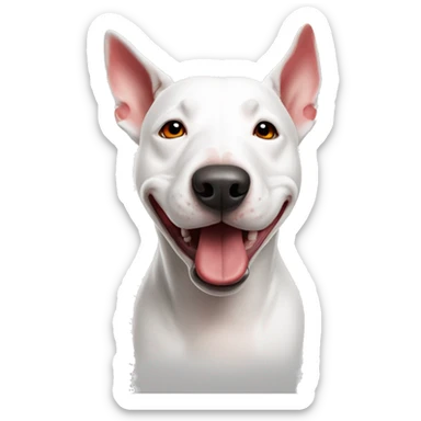 A white bull terrier dog with red and white target on the eye sticker
