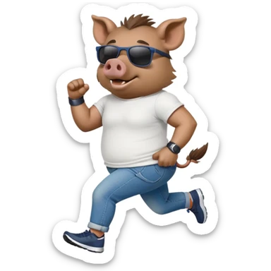 friendly anthropomorphised boar in jeans and a t-shirt, wearing dark sunglasses, jogging upright, standard pose sticker