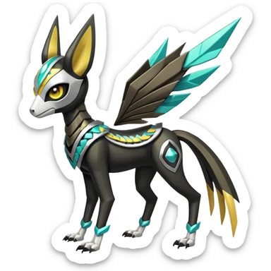 Futuristic feral quadrupedal Arrow-patterned chevron-marked Big-eyed anime-styled Colorful Shiny Tribal Skeletal masked armored Meloetta-Silvally-Solgaleo-Raikou-Pokémon-Digimon-Fakémon-fusion-hybrid-creature, full body sticker