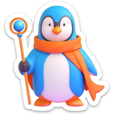 penguin wizard with a blue robe and magical staff sticker
