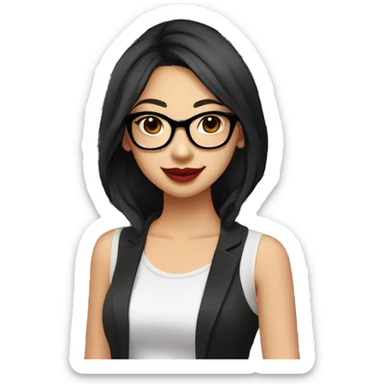 Asian girl, smiling with teeth and dimples on the cheeks, fair skin, black long hair, black eyes, black glasses with gold frames, red lipstick, wearing a white lace tank top and a black office jacket on top, with pink and red roses around her, chibi. sticker