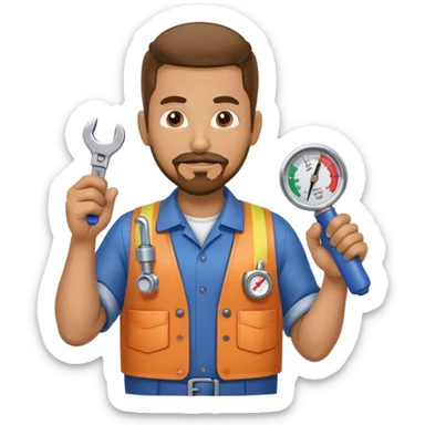 hispanic HVAC repairman action figure with goatee beard holding a wrench and refrigerant gauge sticker