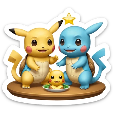  Pikachu has a light to share, but Squirtle has none. Pikachu sees this is unfair, so he shares the light with Squirtle. They smile and eat together. Show this as a cute Pokémon emoji scene about justice and fairness.

 sticker