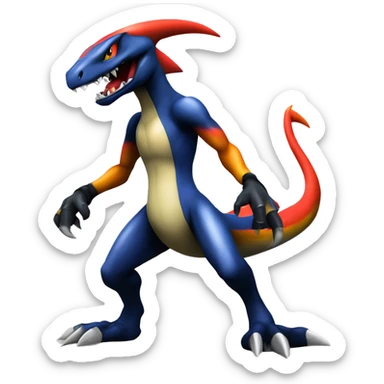 Black, Modern, Futuristic, Cool, Edgy, Badass Punk-style Garchomp-Charmeleon-Croconaw Fakémon-Digimon  full body sticker