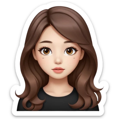 “korean straight brown hair Emoji girl, soft eyeliner and blush, gradient lips, light brown shimmer eyeshadow, long wavy hair,  sticker