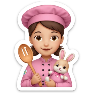 girl kid italian chef, pink uniform, holding plush rabbit sticker