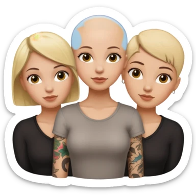 throuple blonde femaleand brunette female with bald tattooed sticker