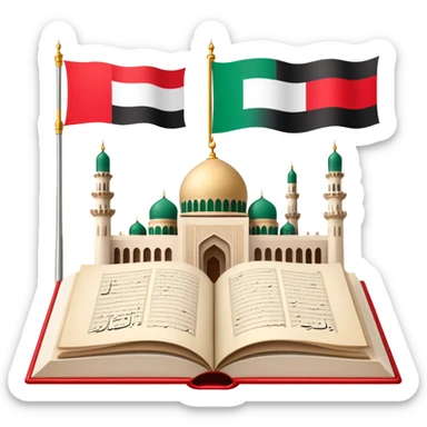 An icon featuring the mosque and the big flag of United Arab Emirates, symbolizing the Arabic language. The design includes an open book with Arabic script and calligraphy, representing language learning and cultural heritage. Transparent background sticker