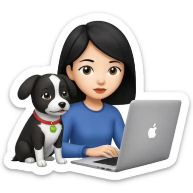 Asian girl with black hair working on an Apple laptop, next to her is a black and white dog sticker