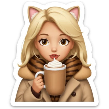 Tanned Girl with lashes , blonde hair, in an extremely big fluffy oversized coat and hold hot chocolate drink and big cat eyes, big lip sticker