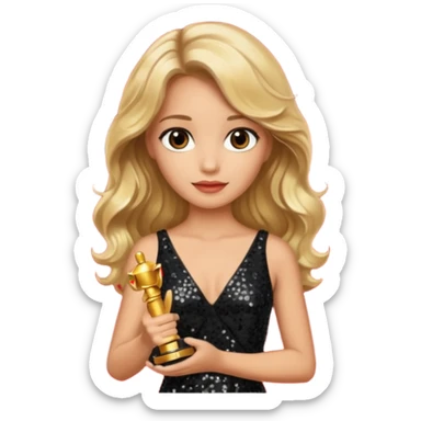 blonde model, brown eyes, long wavy hair, oscars red carpet, black sequin, holding oscar sticker