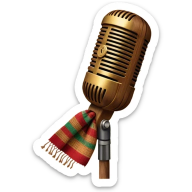 Create a traditional and warm emoji representing folk singing, using a humanless collage. The design should feature a rustic wooden microphone or an old-fashioned folk instrument like a balalaika, gusli, or a domra, placed alongside traditional elements such as a hand-woven scarf or a wooden flute. Include natural, earthy details like wildflowers, musical notes, and rustic textures, evoking the feeling of folk music in its purest form. Use warm, earthy colors like brown, gold, red, and green to create a cozy and organic vibe. The background should be transparent. sticker