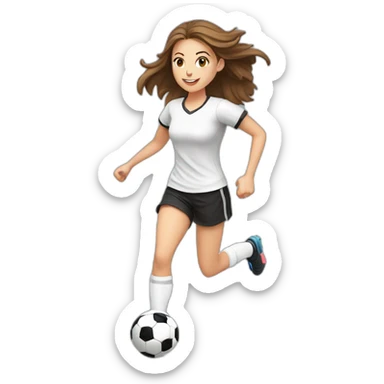Caucasian girl with brown long hair running with a soccer ball wearing White short and black shorts sticker