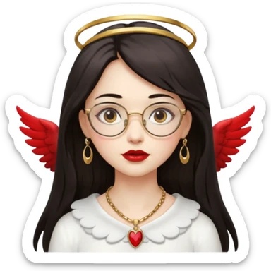Angel girl with eyeglasses and long dark hair with red lipstick  and push gold necklaces and dark eyes with withe wings sticker