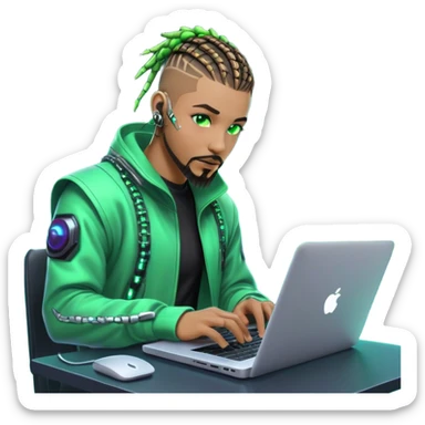 Light skinned African American male with green eyes as a cyberpunk hacker with cornrows hairstyle but short cornrows  with goatee facial hair  coding on laptop  sticker