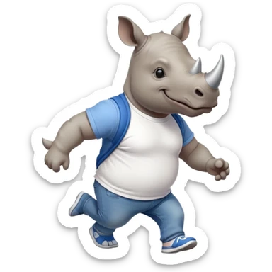 friendly anthropomorphised rhino in jeans and t-shirt, wearing dark sunglasses, jogging upright, standard pose sticker
