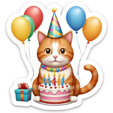Ginger cat celebrates birthday, birthday hat, birthday cake, balloons, happy, gifts sticker