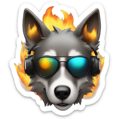 A beautiful cyberpunk Wolf on fire around wearing sunglass and headphones sticker