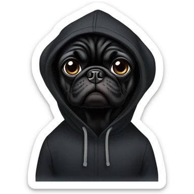 Black pug wearing a black hoodie sticker