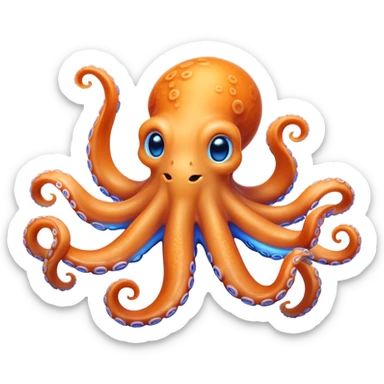 Cinematic Noble smiling Octopus Portrait Emoji, Poised and enchanting, with a light orange body adorned with vibrant blue rings and eight delightfully curling arms with gentle suckers, large sparkling eyes exuding warmth and playfulness, Simplified yet charmingly expressive features, highly detailed, glowing with a soft, magical underwater radiance, high shine, intelligent and irresistibly cute, stylized with an air of whimsical marine enchantment, focused and fluid, soft glowing outline, capturing the essence of a watchful and endearing octopus that appears ready to float out of the screen with delightful charm! sticker