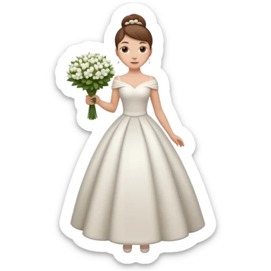 Chica blanca, cabello castaño, recogido en moño alto, vestido novia de invierno, cuerpo entero, ramo de flores en una mano sticker