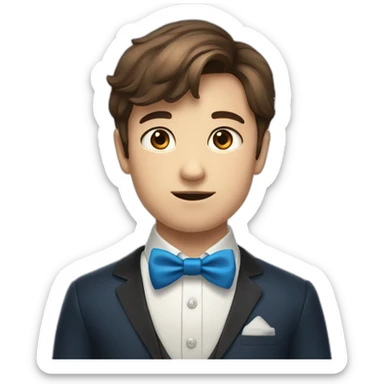 A young male tennager with a round face and very short brown hair and a mole on chin wearing a blue bow tie sticker