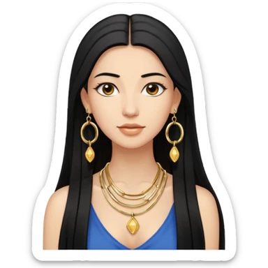 attractive Greek woman with long straight black hair and light skin wearing gold hoop earrings and a gold necklace sticker