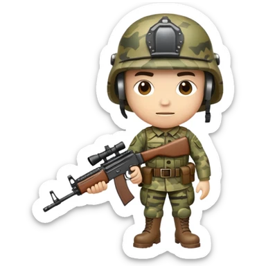 A soldier in military uniform, wearing camouflage, helmet, and boots. Holding a rifle or standing at attention, embodying strength, discipline, and service sticker