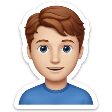 Please generate a portrait of a boy. He has wavy, light brown to reddish-brown hair, a right side parting, longer sideburns, blue eyes, a snub nose, and a somewhat pronounced, strawberry-red pout. He is smiling. sticker