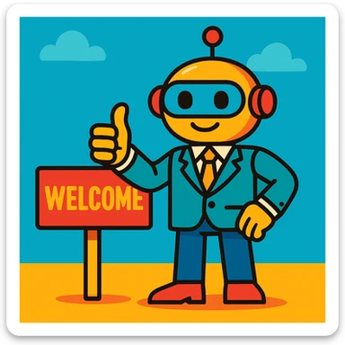 a cartoon recruiter robot giving a thumbs up, business casual, standing by a welcome sign, bright colors, cartoon style sticker