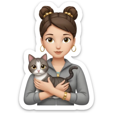 a white girl with brunette hair in a one single bun holding a grey cat. the girl has long lashes and has on a grey zip up that is half way zipped  and under a white shirt and gold jewelry that is gold bracelets. sticker