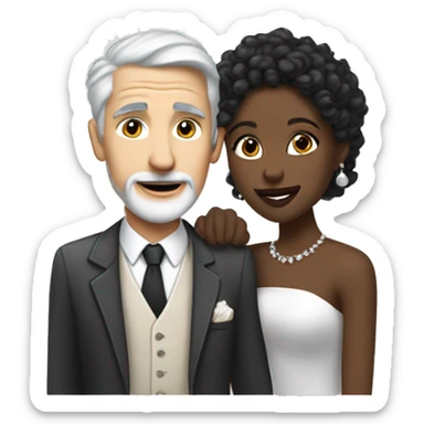 A pale white man with grey hair and with a goatee has just married, with a black woman with black shoulder length curly hair and a brown complexion. They have a lot of money. they are hugged sticker