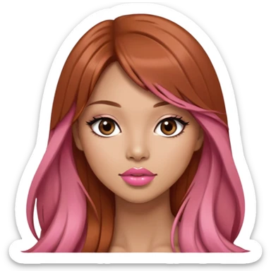 gorgeous woman, light tan skin, very long auburn hair, side bangs, black eyes, peachy pink lipstick, model, latina, asian, mixed sticker