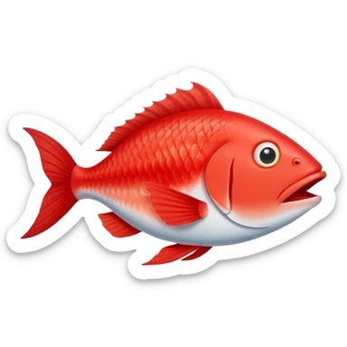 extremely derpy red fish with bulging eye and goofy buck teeth, perfect flat side profile facing right, exactly 90 degrees, completely 2D like a paper cutout, only one eye visible, absolute side view sticker