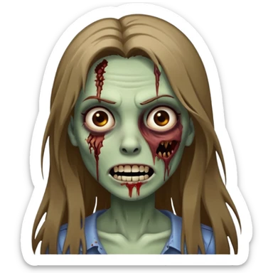 a zombie woman with straight brown long hair, a bruised mouth, and a smile  sticker