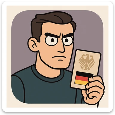 serious cartoon character in modern style, holding an official document or passport, with German flag colors and subtle integration motifs, app icon look sticker