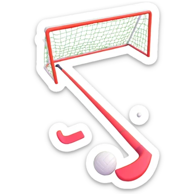 field hockey stick and ball on vibrant green grass field with goalposts sticker