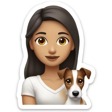 Girl with long dark brown hair and big hazel doe eyes with long eyelashes holding a jack russell terrier  sticker
