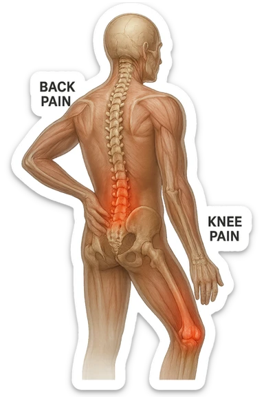 corpo umano anatomico con mal di schiena e al ginocchio, iperrealiùstico 4k sticker