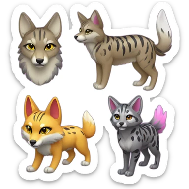 Coyote with grey and black fur, neon lights, ocelot with pink ears, clouded leopard, ocelot coyote hybrid with Phoenix wings sticker
