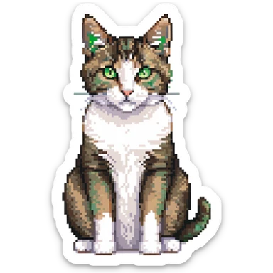 Brown, white, and black tabby cat with green eyes sitting to show its white belly, pixelated art sticker