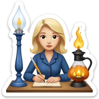 Blonde woman writing with fountain pen under an oil lamp sticker