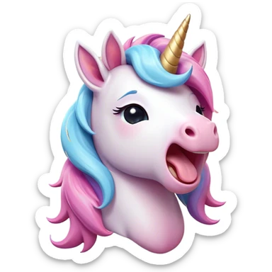 Cinematic Cute Yawning Unicorn Pony Portrait Emoji, Head tilted slightly with a dramatic, wide-open yawn, showcasing a petite, softly glowing form with a gently drooping mane, a subtle, shimmering horn and sleepy, half-closed eyes, Simplified yet irresistibly adorable features, highly detailed, glowing with a soft, cozy pastel glow, high shine, relaxed yet expressive, stylized with a dash of whimsical enchantment, soft glowing outline, capturing the essence of a drowsy yet affectionate unicorn pony that appears ready to stretch and yawn its way off the screen! sticker