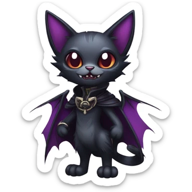  cool edgy dark-themed animal vampiric cat-hybrid Fakemon with fangs and bat-wing-ears with a collar full body sticker