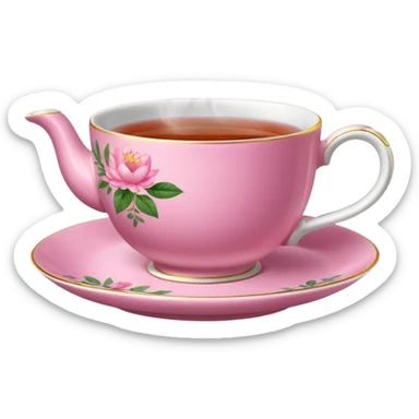 strong pink teacup filled with tea, placed on a matching pink saucer, with gentle steam rising from the cup.  sticker