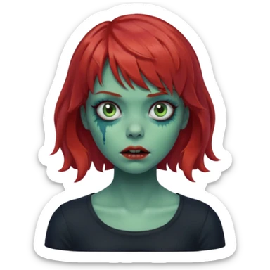 Zombie girl emoji with short red hair and bangs. Blue eyes, green skin, and a black top Her hair is slightly wavy sticker